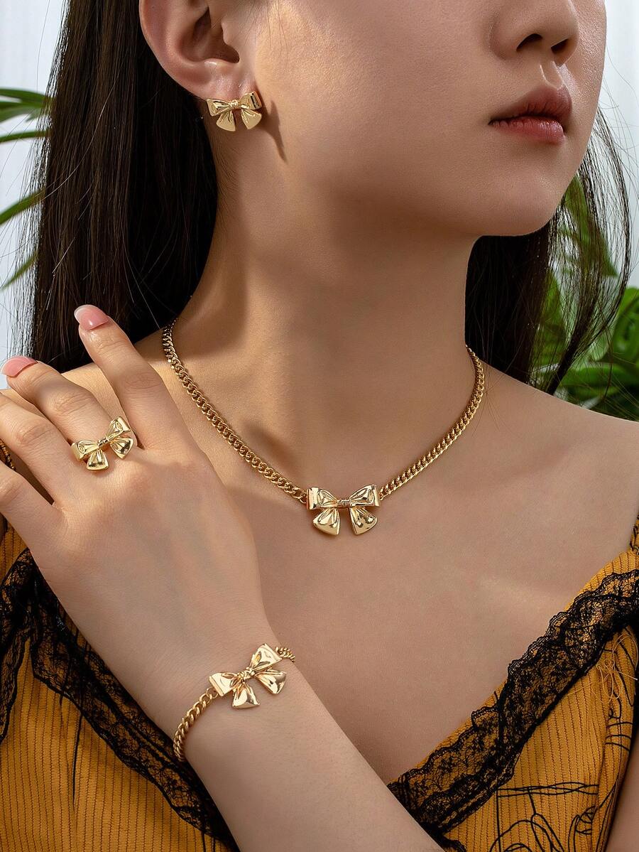 Women'S Fashion Earrings - 5pcs Fashion Bow Bracelet, Necklace, Ring,