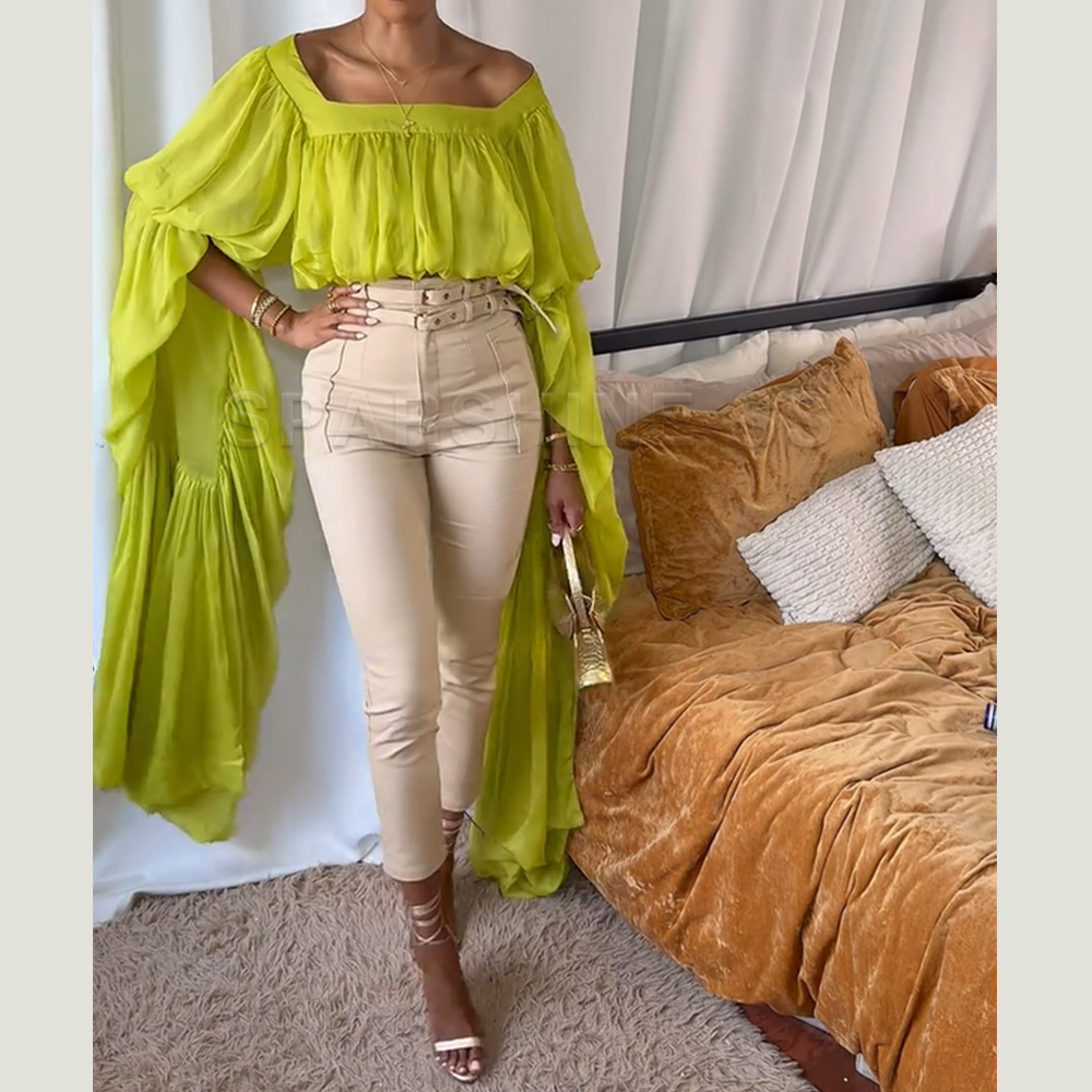 Puff Sleeve Blouse - Women Chiffon Crop Top, Puff Long