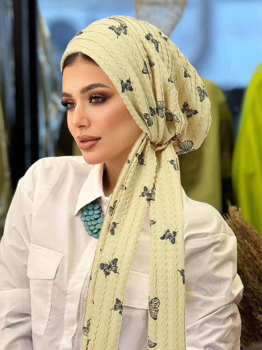 Women Fashion Wear - Elegant Butterfly Print Pleated Long Scarf