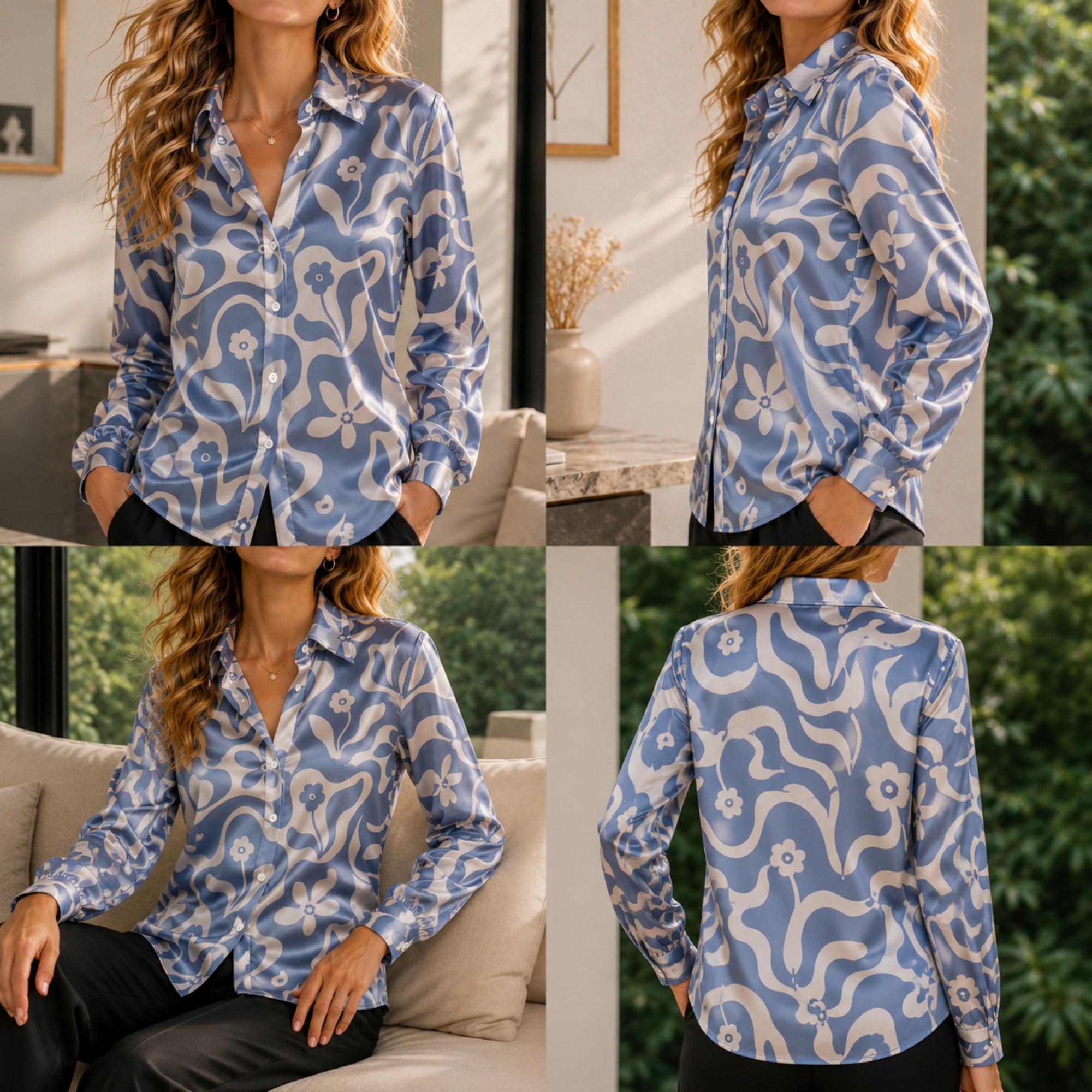 Women Fashion Wear - Women Green Satin Blouse White Floral