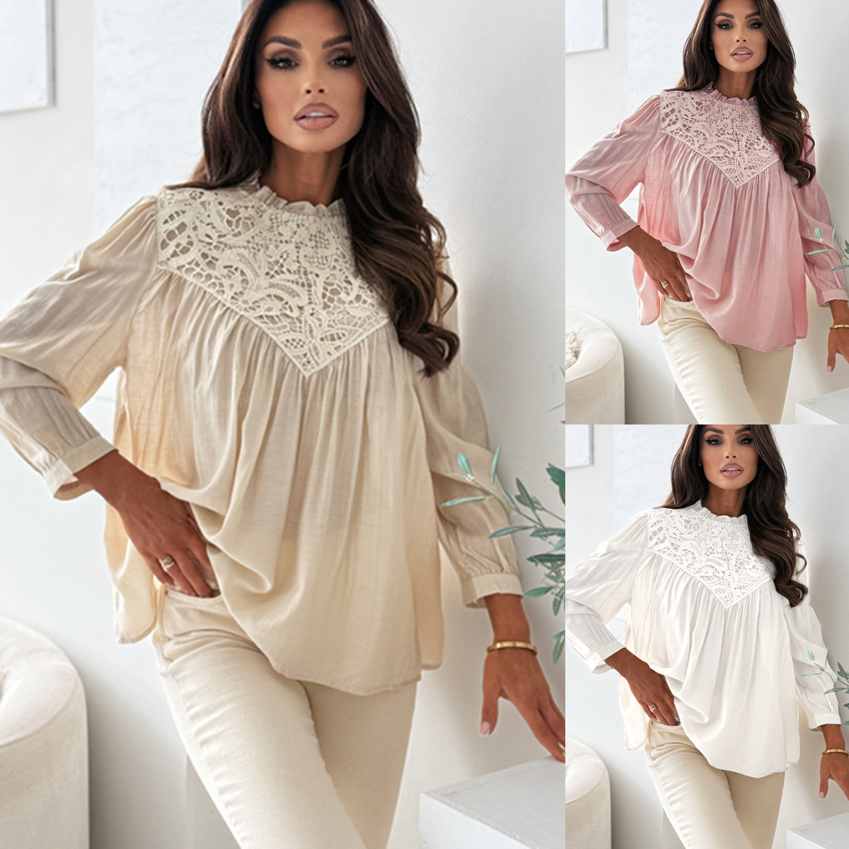 Puff Sleeve Blouse - Gentle Style Lace Spliced Loose Top,
