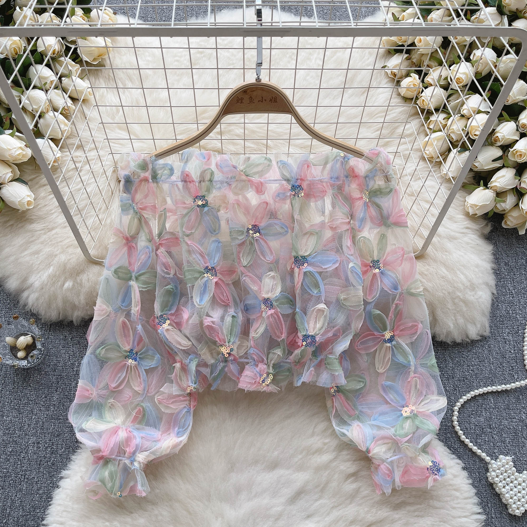 Puff Sleeve Blouse - Women's Sheer Tulle Blouse with 3D