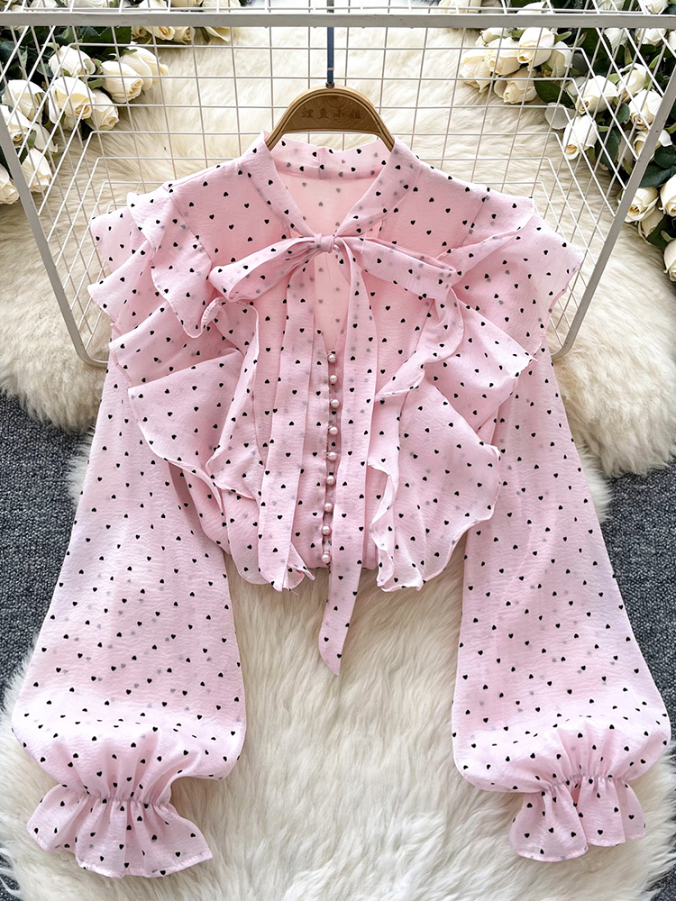 Puff Sleeve Blouse - Women's Lightweight Chiffon Blouse Pink Heart