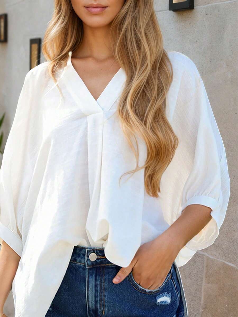 Puff Sleeve Blouse - Womens White V-Neck Loose Blouse With