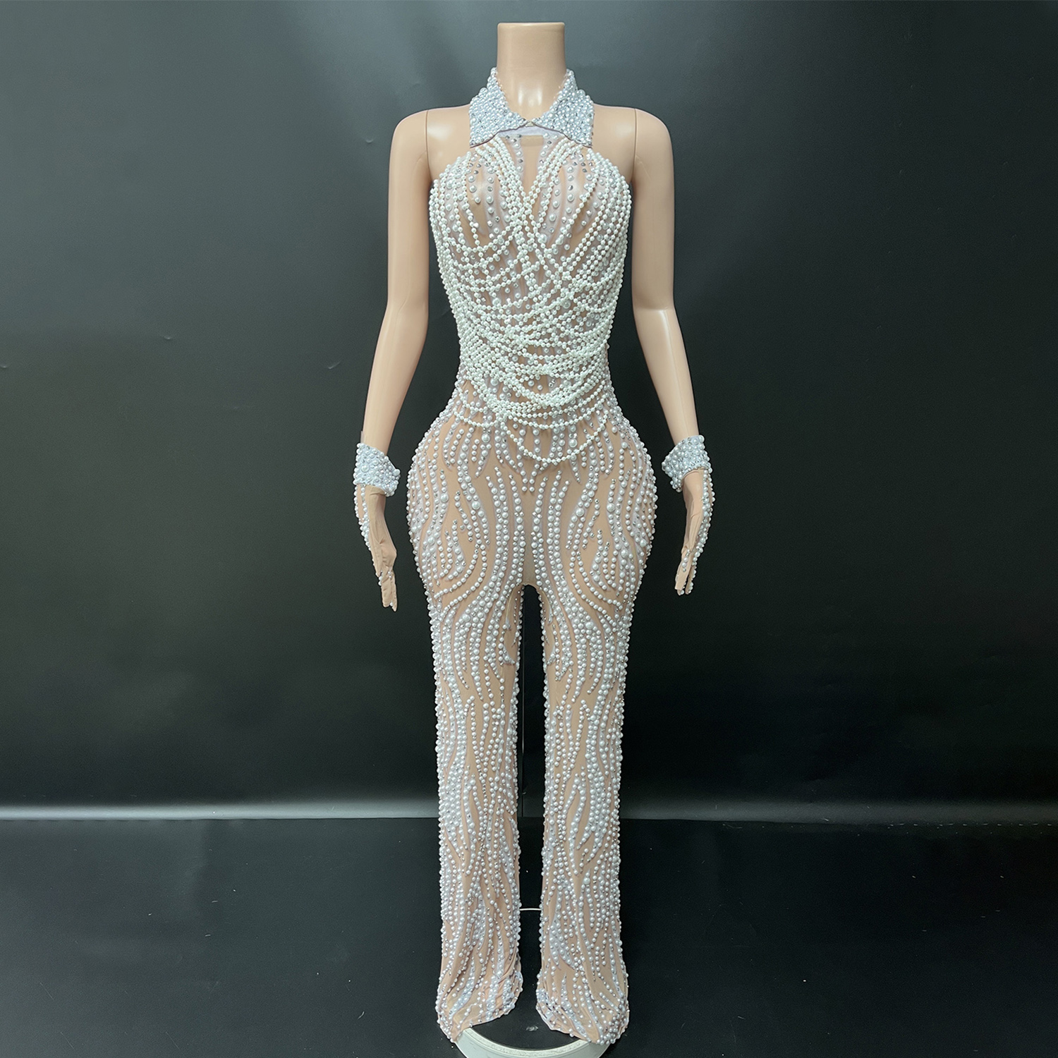 Women Fashion Gloves - Elegant Luxury Beaded Rhinestone Jumpsuit -