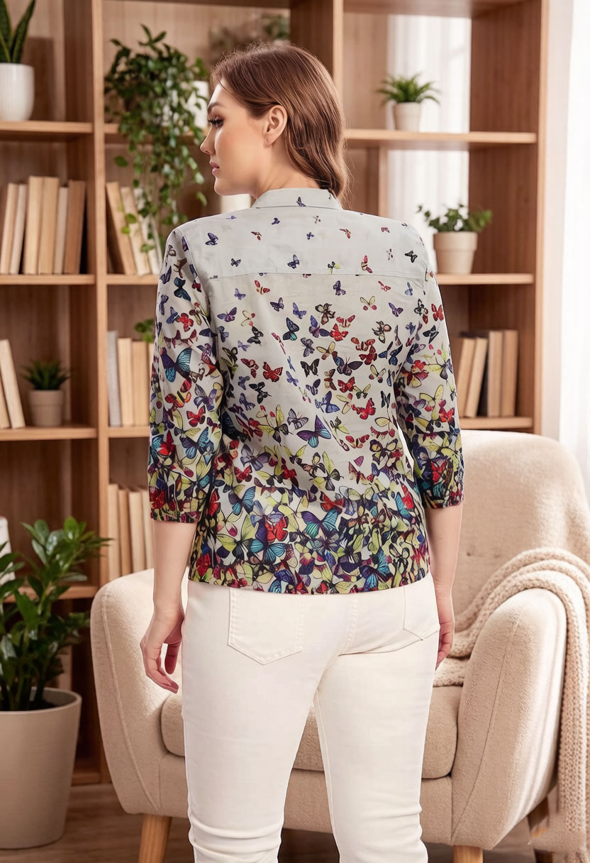 Women Butterfly Print Blouse C - Puff Sleeve Blouse incelemesi ve fiyatı