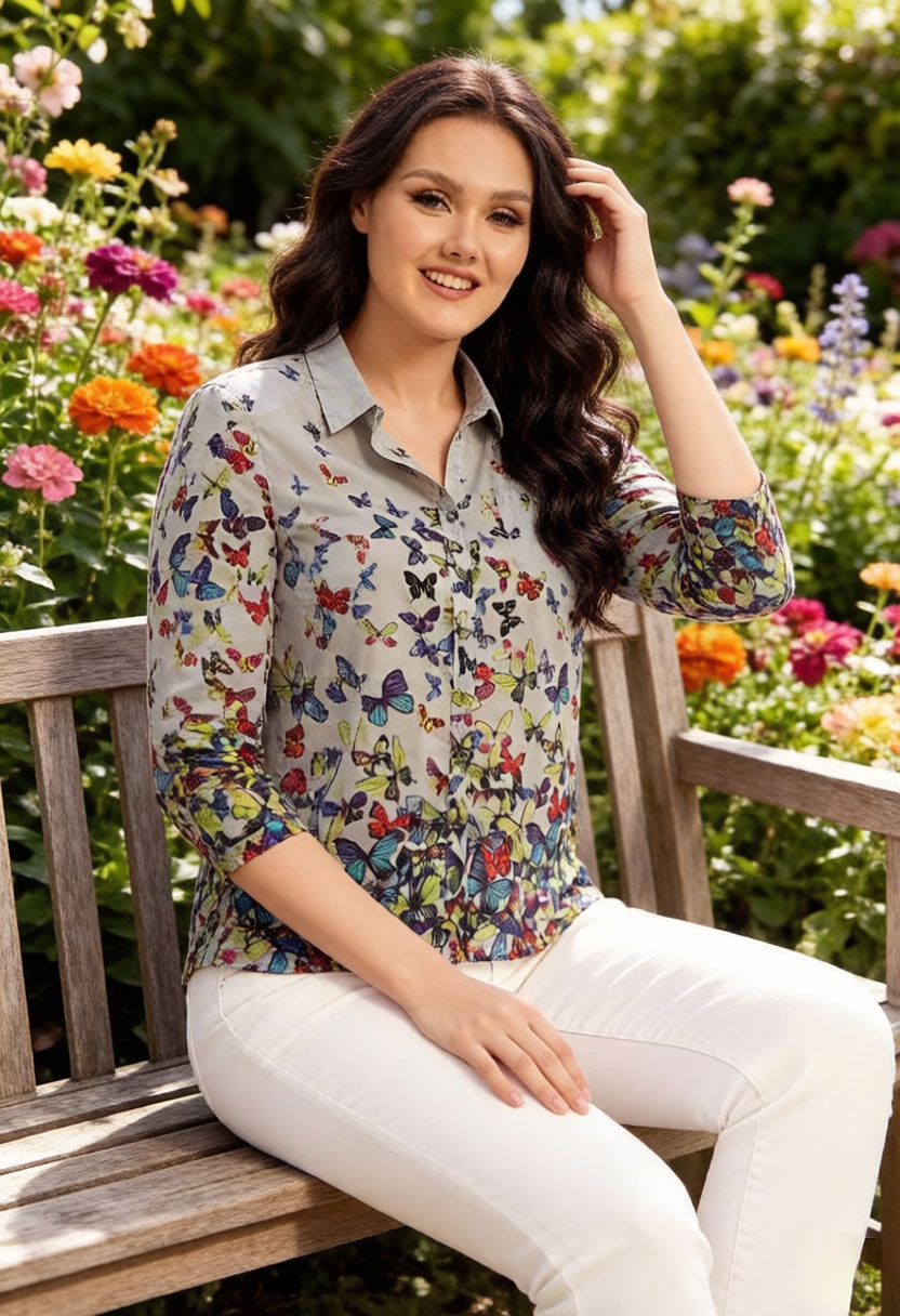 Women Butterfly Print Blouse C - Puff Sleeve Blouse incelemesi ve fiyatı