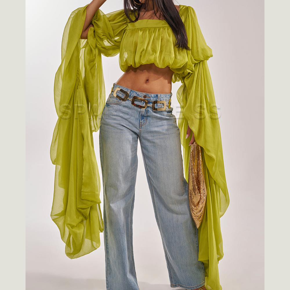 Women Chiffon Crop Top, Puff L - Puff Sleeve Blouse incelemesi ve fiyatı