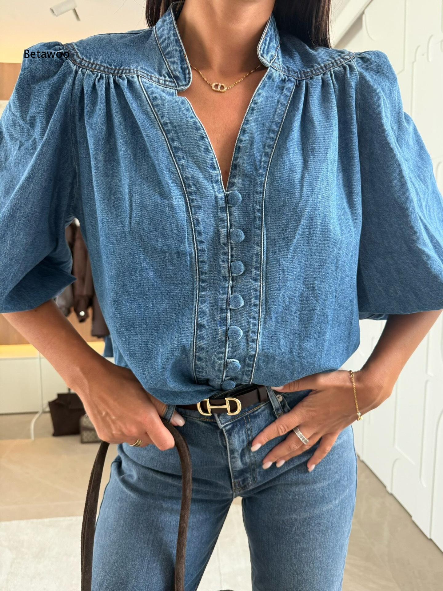 Women Stand Collar V Neck Deni - Puff Sleeve Blouse incelemesi ve fiyatı