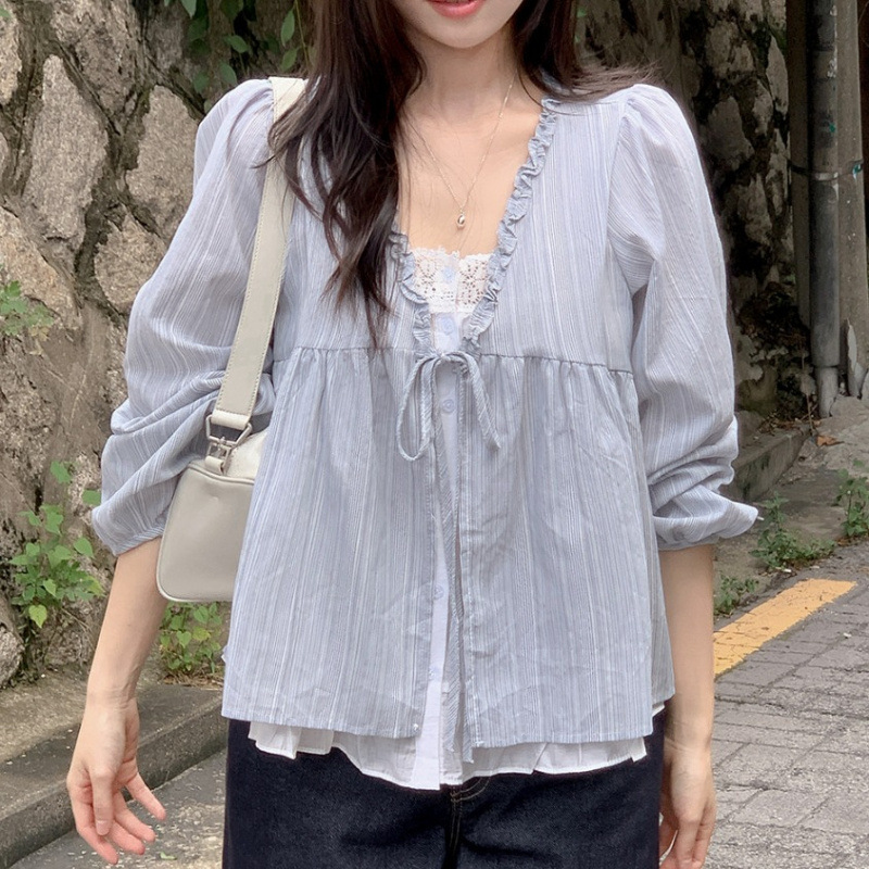 Women's Blue Ruffled V-Neck Bl - Puff Sleeve Blouse incelemesi ve fiyatı