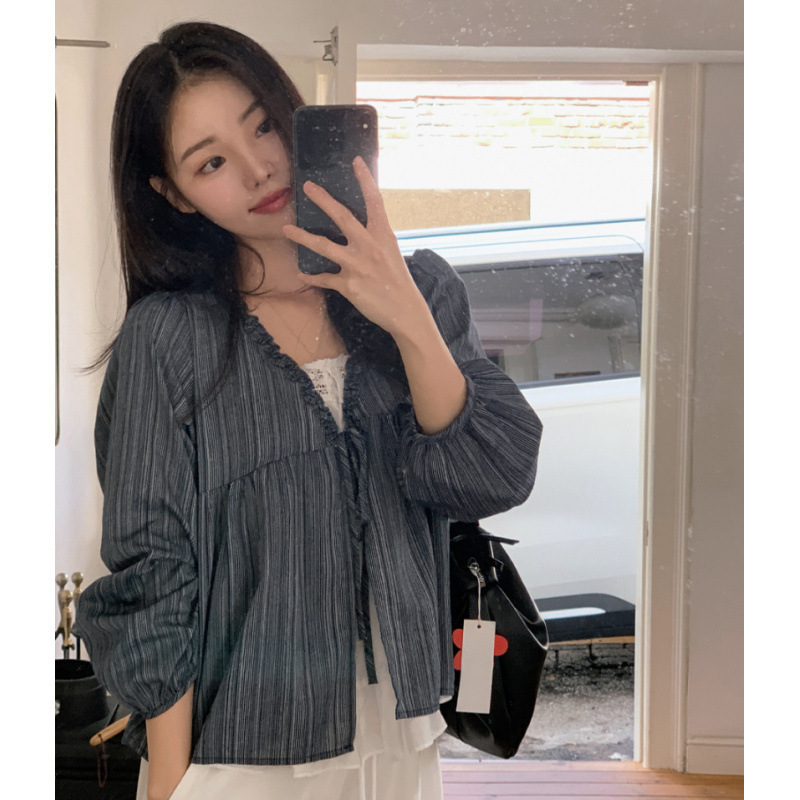 Women's Blue Ruffled V-Neck Bl - Puff Sleeve Blouse incelemesi ve fiyatı