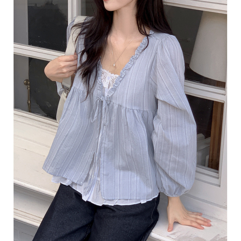 Women's Blue Ruffled V-Neck Bl - Puff Sleeve Blouse incelemesi ve fiyatı