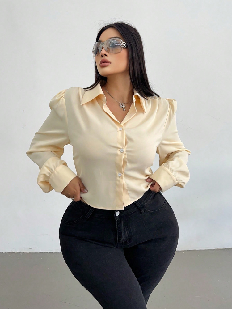 Plus Size Curvy Women Cream Sa - Puff Sleeve Blouse incelemesi ve fiyatı