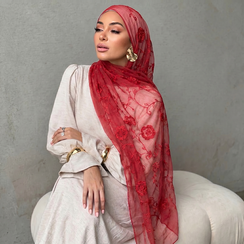 Floral Embroidery Muslim Hijab - Women Fashion Wear incelemesi ve fiyatı