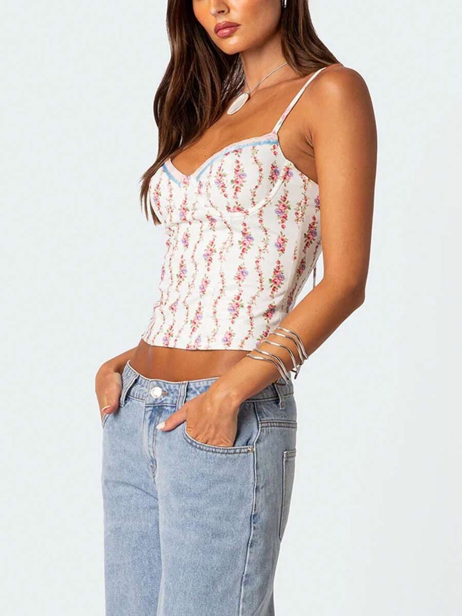 Women Floral Print Tie Strap V - V Neck Cami Top incelemesi ve fiyatı