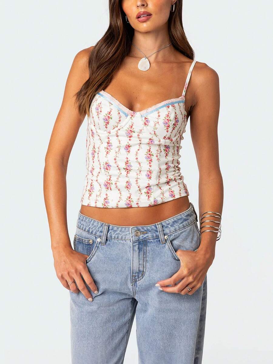 Women Floral Print Tie Strap V - V Neck Cami Top incelemesi ve fiyatı