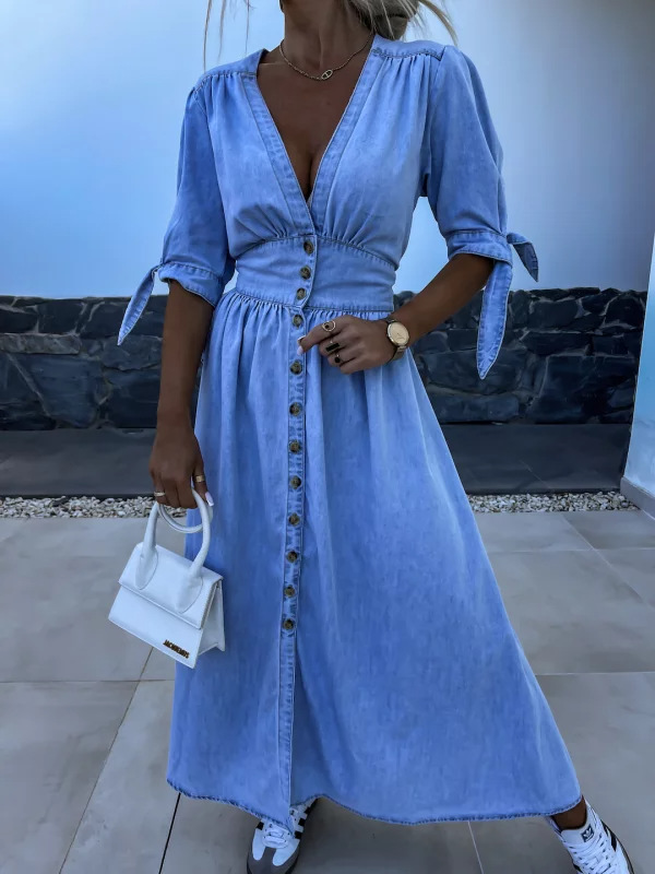 Fashionable Denim Dress V-Neck - Women Fashion Jeans incelemesi ve fiyatı