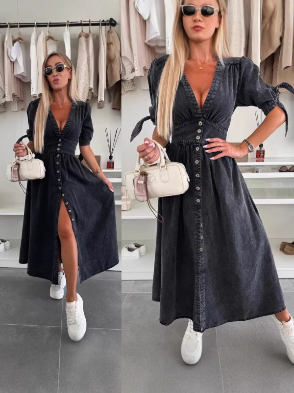 Fashionable Denim Dress V-Neck - Women Fashion Jeans incelemesi ve fiyatı