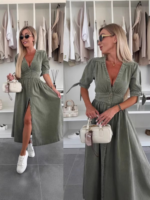 Fashionable Denim Dress V-Neck - Women Fashion Jeans incelemesi ve fiyatı