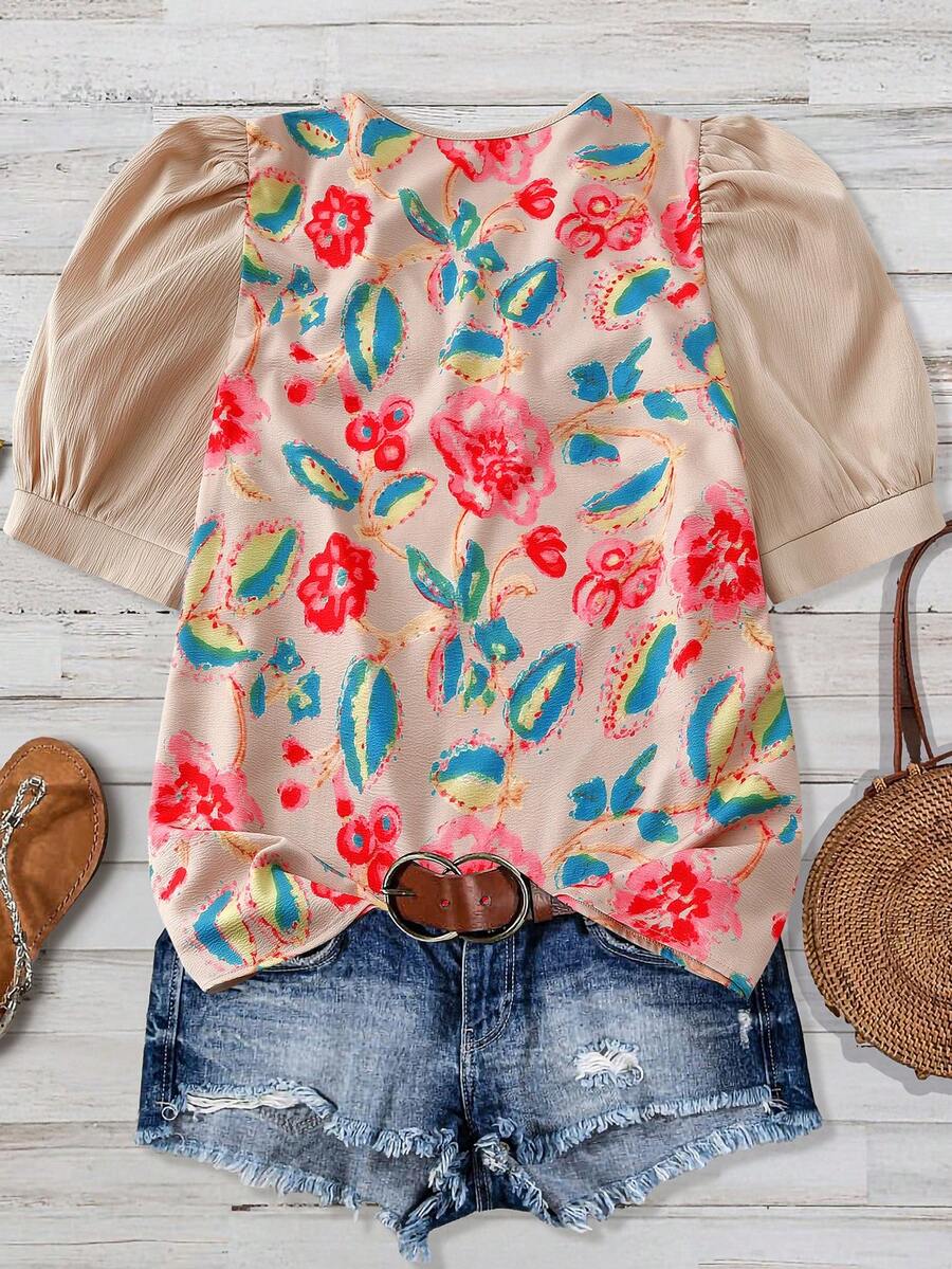 Plus Size Women V-Neck Ditsy F - Puff Sleeve Blouse incelemesi ve fiyatı