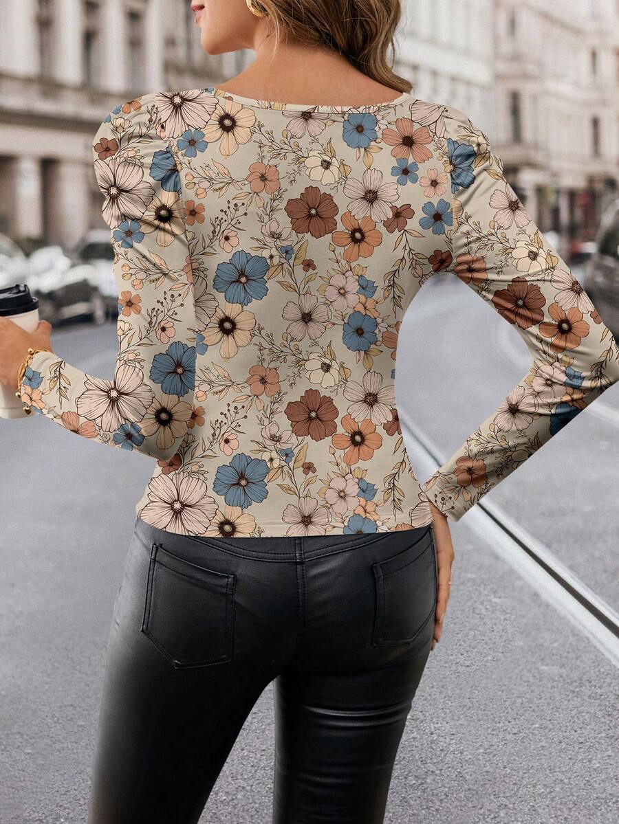Floral Print Square Neck Puff  - Puff Sleeve Blouse incelemesi ve fiyatı