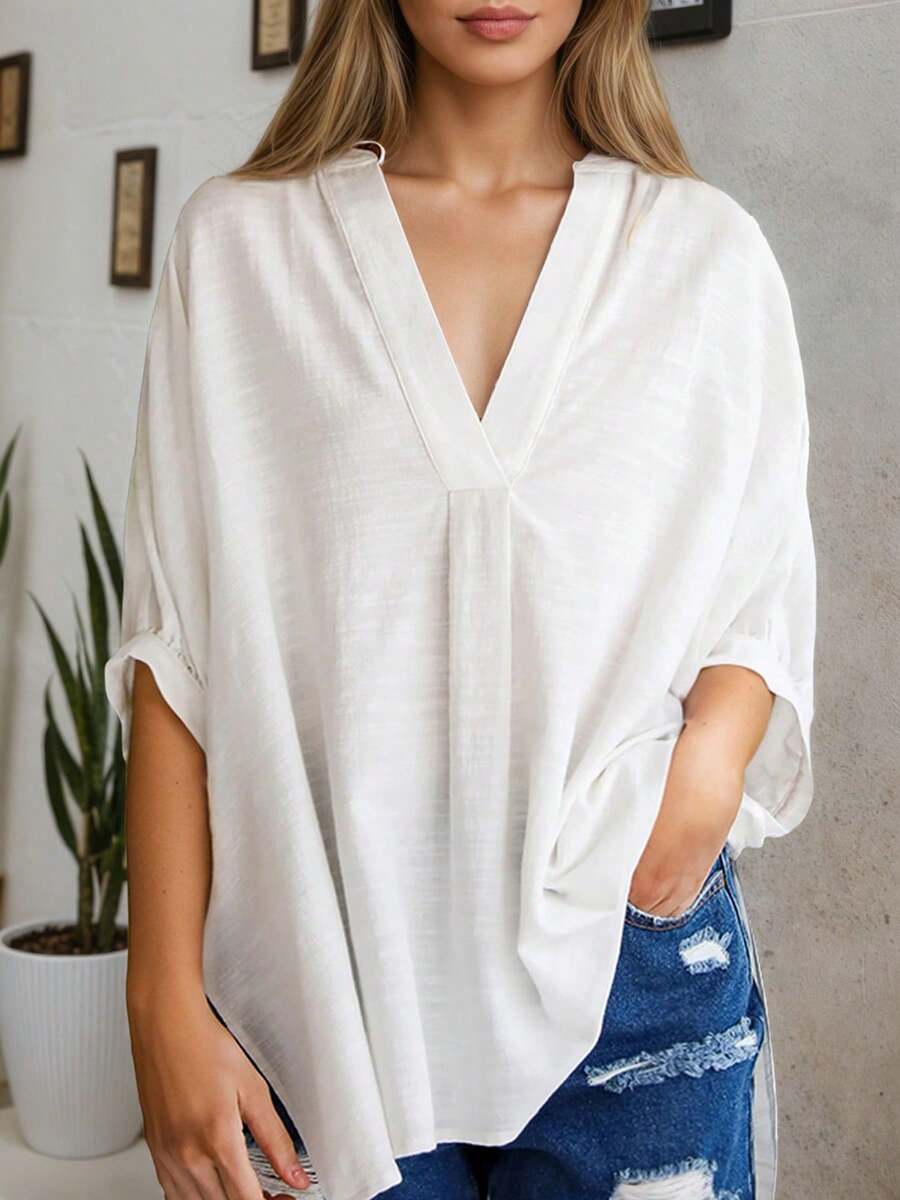 Womens White V-Neck Loose Blou - Puff Sleeve Blouse incelemesi ve fiyatı
