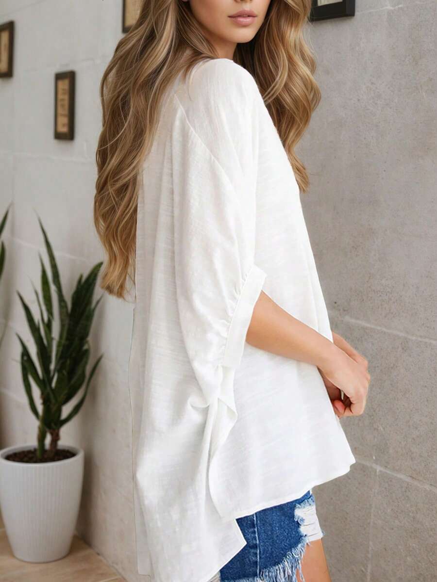 Womens White V-Neck Loose Blou - Puff Sleeve Blouse incelemesi ve fiyatı