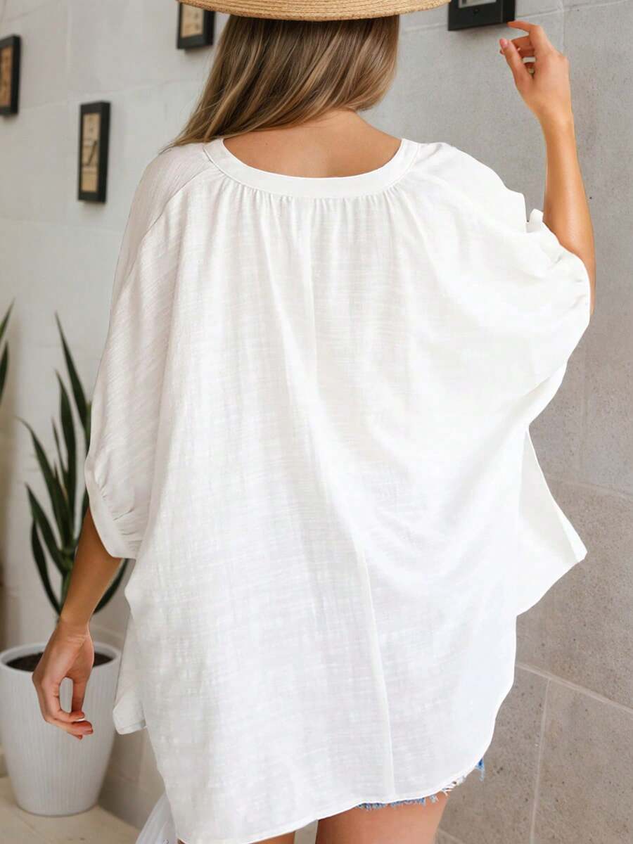 Womens White V-Neck Loose Blou - Puff Sleeve Blouse incelemesi ve fiyatı