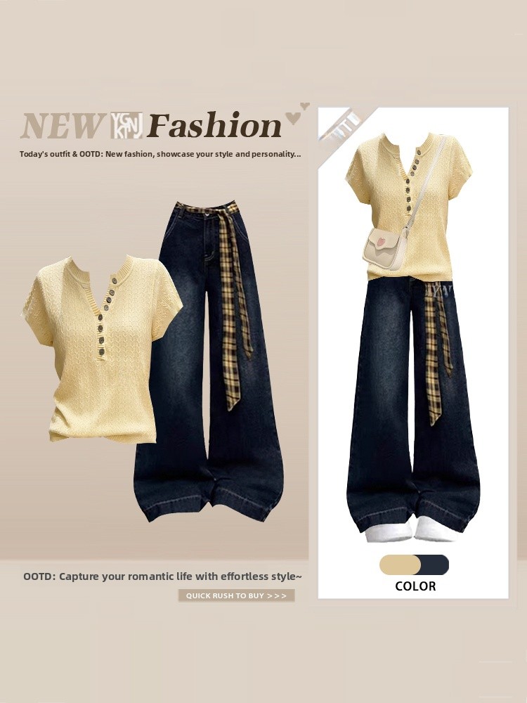 Slimming Knitted Short Sleeve  - Women Fashion Jeans Top incelemesi ve fiyatı