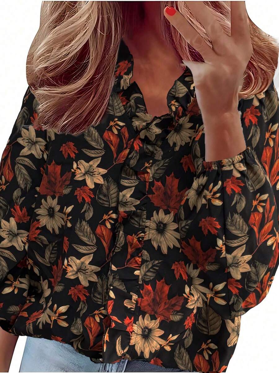 Women Solid Color Ruffle Trim  - Puff Sleeve Blouse incelemesi ve fiyatı
