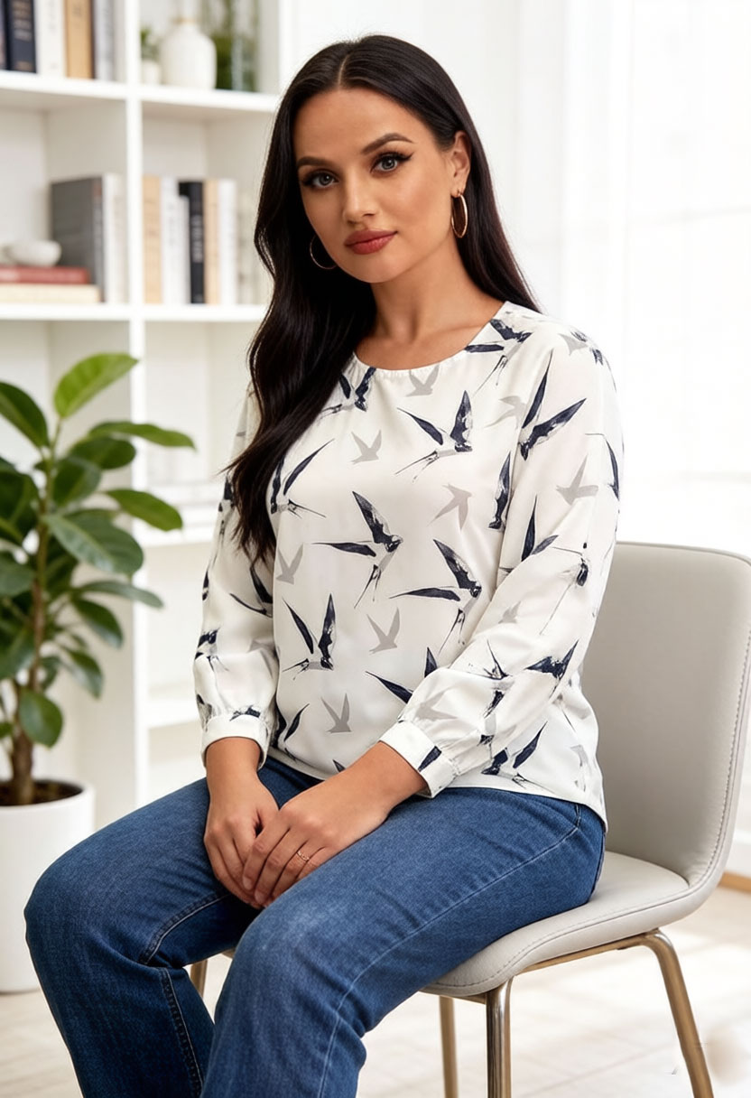 Women Bird Print Blouse Chiffo - Puff Sleeve Blouse incelemesi ve fiyatı