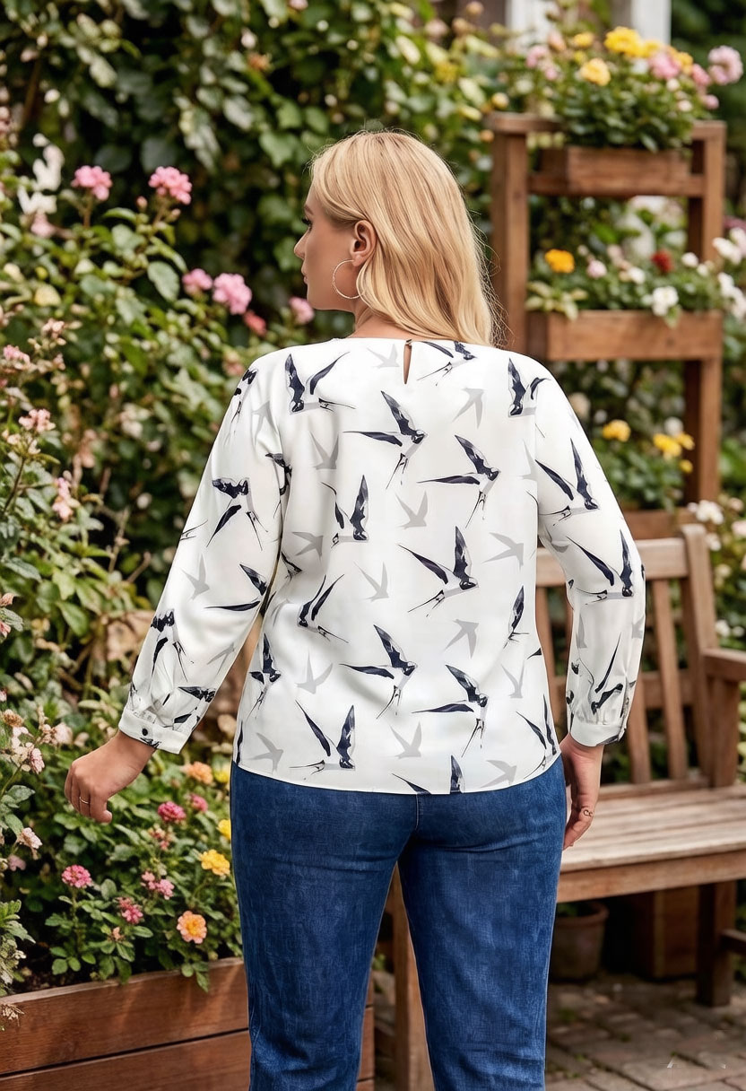 Women Bird Print Blouse Chiffo - Puff Sleeve Blouse incelemesi ve fiyatı