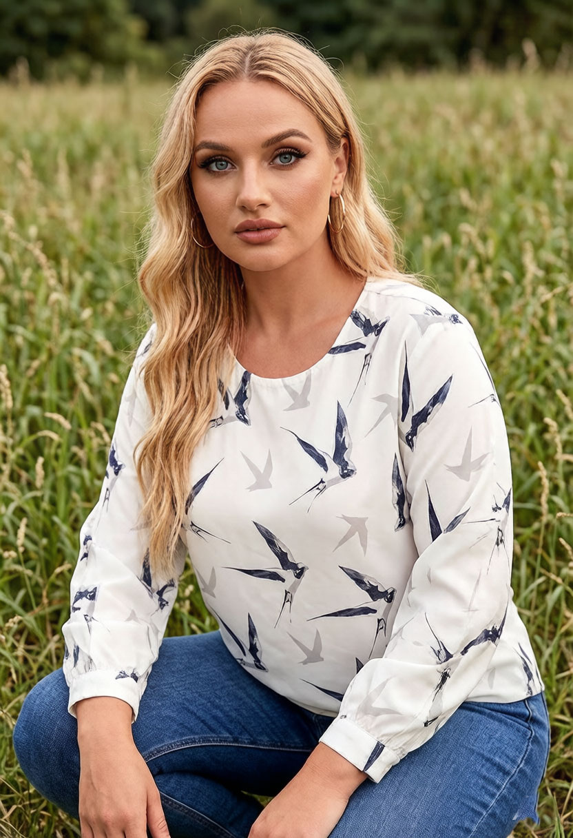 Women Bird Print Blouse Chiffo - Puff Sleeve Blouse incelemesi ve fiyatı